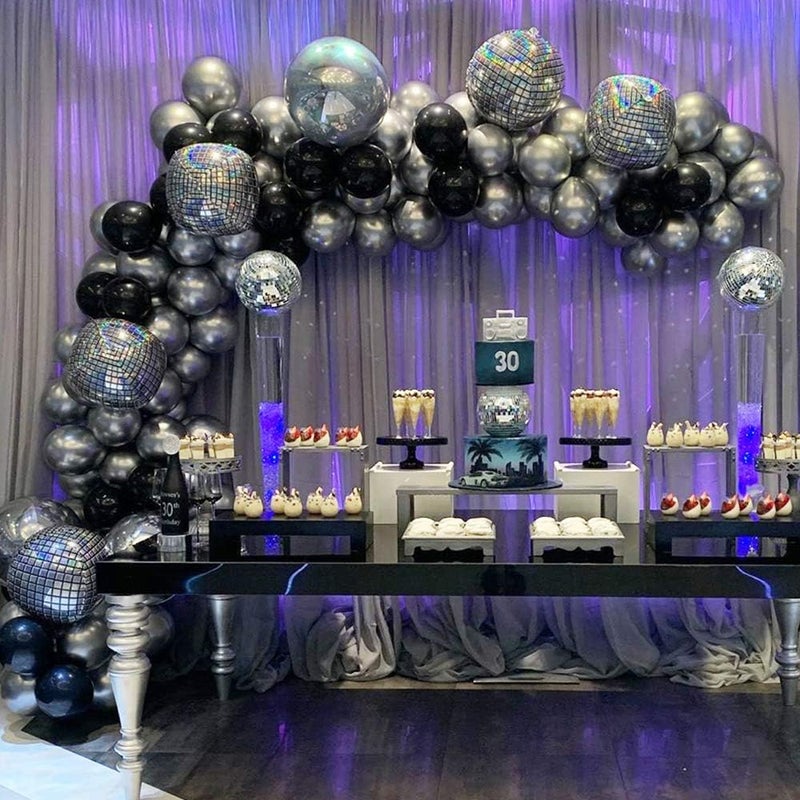 GIHOO Black Silver Balloon Garland Arch Kit, 139pcs 4D Disco Foil Balloons Silver Metallic Balloons with 16Ft Strip for New Year Bouquet Wedding Baby Shower Birthday Disco Dance Party Decorations - Image 1